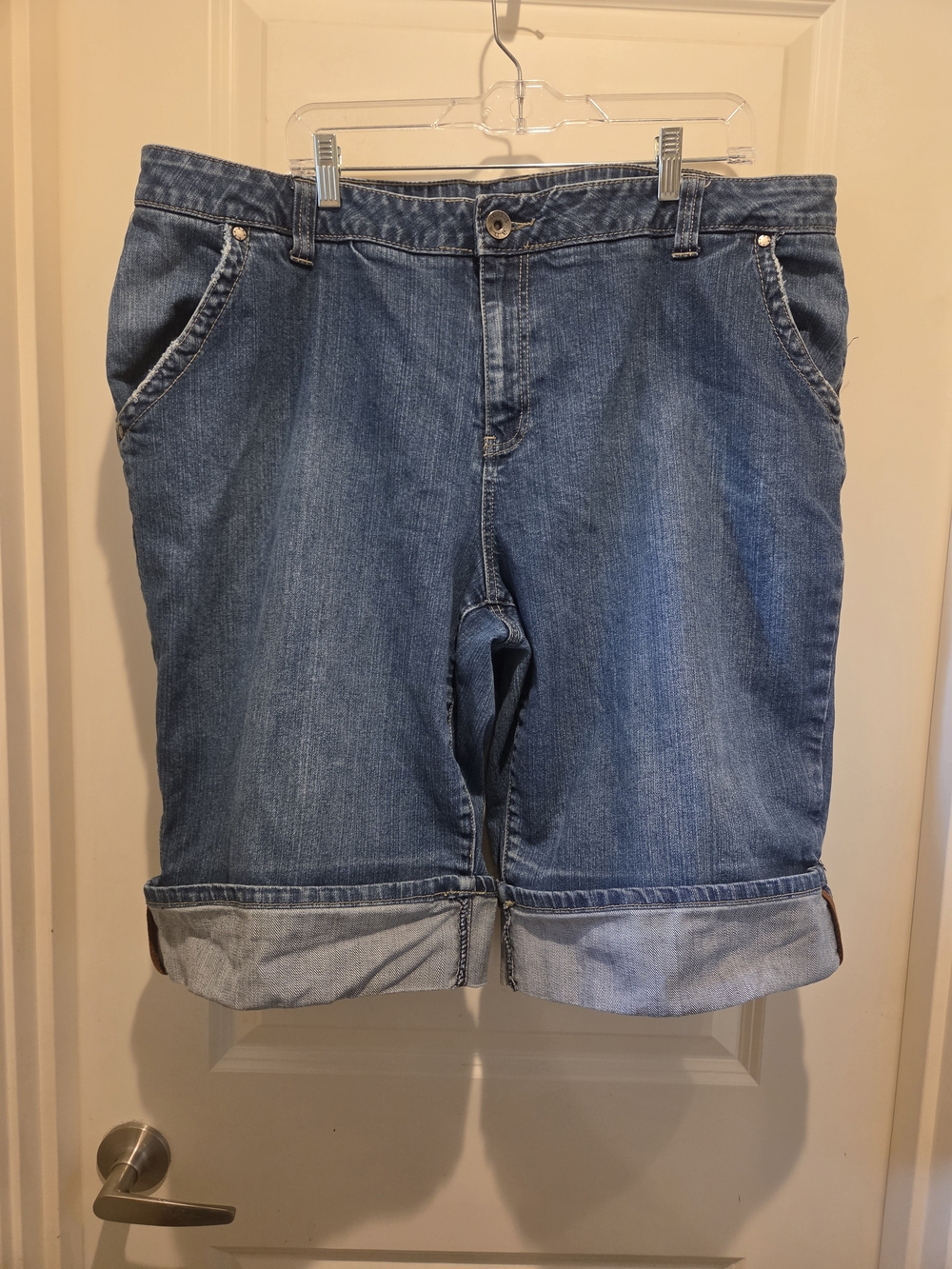 a.n.a Light Wash Denim Bermuda Length Shorts with Brown Waist And Pocket Trim
